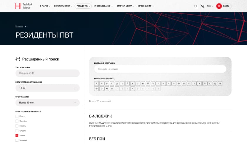 Сводная страница резидентов ПВТ